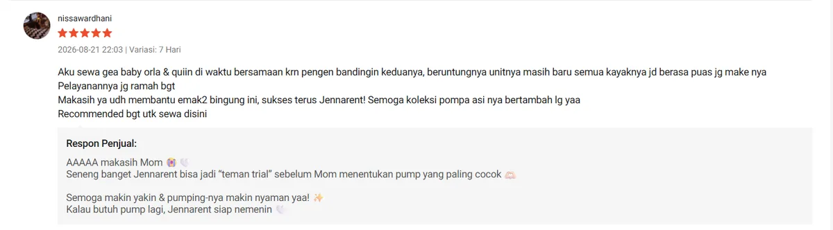 Ulasan Shopee dari nissawardhani untuk JennaRent.ID
